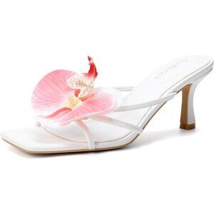 Women's Pink Floral Kitten Heels Square Open Toe Flower Mule Mid Heels Sandals